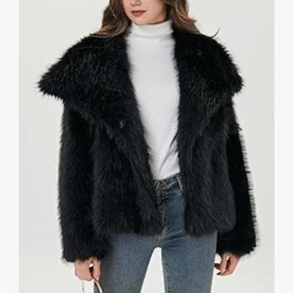 Elegant Black Faux Fur Coat women collared jacket - Picture 6 of 7